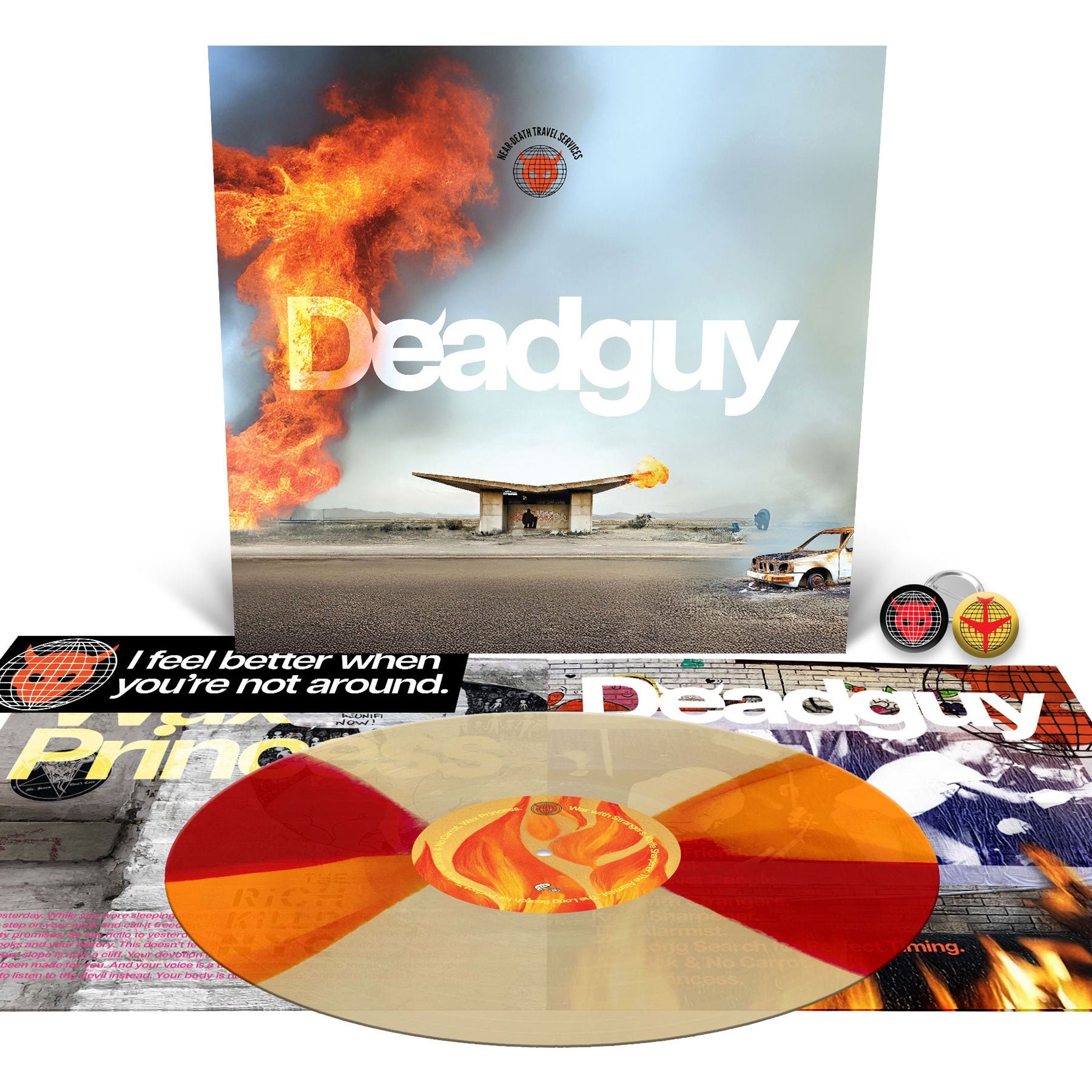 Deadguy "Near-Death Travel Services LP + Bumper Sticker and Buttons Pack" Bundle